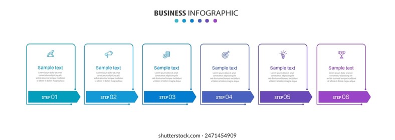 Business vector infographic design template with icons and 6 options or steps. Can be used for process diagram, presentations, workflow layout, banner, flow chart, info graph