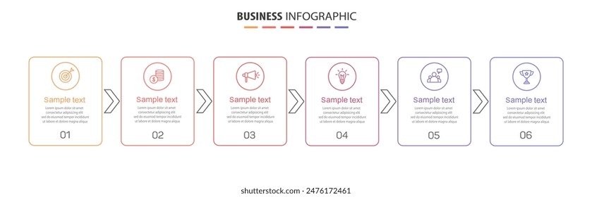 Business vector infographic design template with icons and 6 options or steps. Can be used for process diagram, presentations, workflow layout, banner, flow chart, info graph