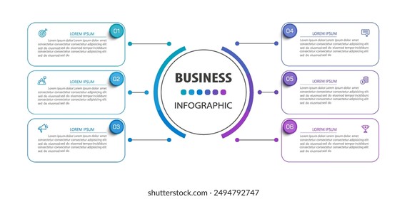 Business vector infographic design template with 6 options or steps. Can be used for process diagram, presentations, workflow layout, banner, flow chart, info graph	