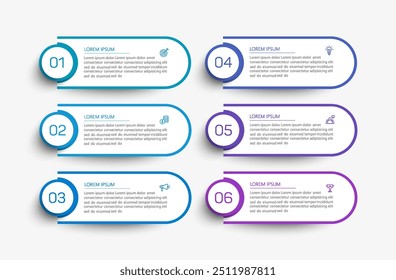 Modelo de design de infográfico de vetor de negócios com ícones e 6 opções ou etapas. Pode ser usado para diagrama de processo, apresentações, layout de fluxo de trabalho, banner, fluxograma, gráfico de informações