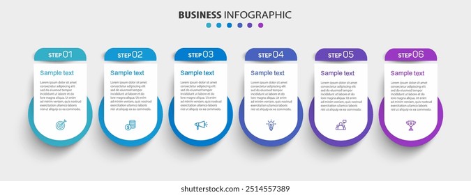 Business vector infographic design template with icons and 6 options or steps. Can be used for process diagram, presentations, workflow layout, banner, flow chart, info graph