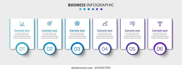 Business vector infographic design template with icons and 6 options or steps. Can be used for process diagram, presentations, workflow layout, banner, flow chart, info graph
