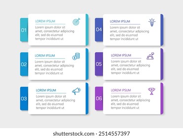 Modelo de design de infográfico de vetor de negócios com ícones e 6 opções ou etapas. Pode ser usado para diagrama de processo, apresentações, layout de fluxo de trabalho, banner, fluxograma, gráfico de informações