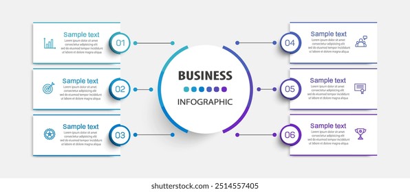 Business vector infographic design template with icons and 6 options or steps. Can be used for process diagram, presentations, workflow layout, banner, flow chart, info graph