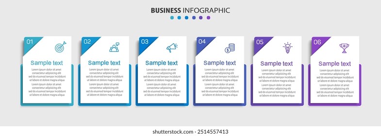 Modelo de design de infográfico de vetor de negócios com ícones e 6 opções ou etapas. Pode ser usado para diagrama de processo, apresentações, layout de fluxo de trabalho, banner, fluxograma, gráfico de informações