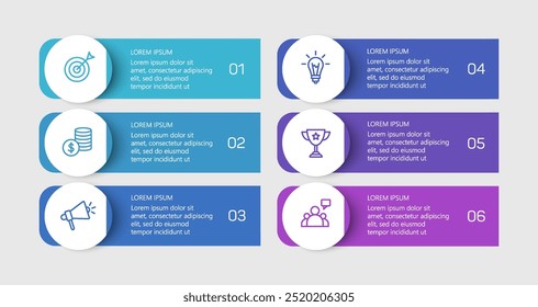 Business vector infographic design template with icons and 6 options or steps. Can be used for process diagram, presentations, workflow layout, banner, flow chart, info graph