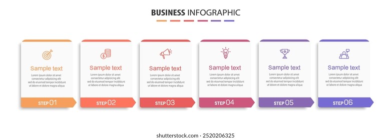 Business vector infographic design template with icons and 6 options or steps. Can be used for process diagram, presentations, workflow layout, banner, flow chart, info graph