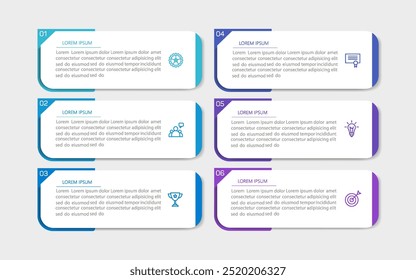 Business vector infographic design template with icons and 6 options or steps. Can be used for process diagram, presentations, workflow layout, banner, flow chart, info graph