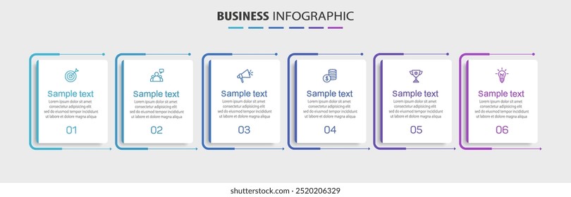 Business vector infographic design template with icons and 6 options or steps. Can be used for process diagram, presentations, workflow layout, banner, flow chart, info graph