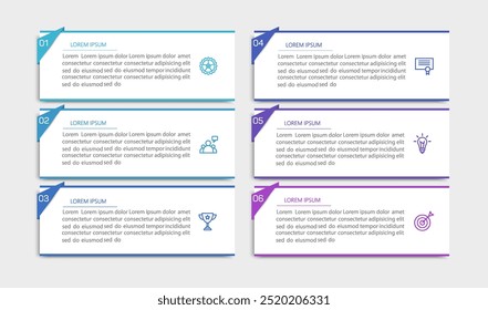 Business vector infographic design template with icons and 6 options or steps. Can be used for process diagram, presentations, workflow layout, banner, flow chart, info graph