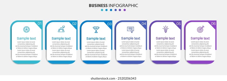 Business vector infographic design template with icons and 6 options or steps. Can be used for process diagram, presentations, workflow layout, banner, flow chart, info graph