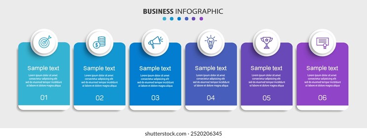 Business vector infographic design template with icons and 6 options or steps. Can be used for process diagram, presentations, workflow layout, banner, flow chart, info graph