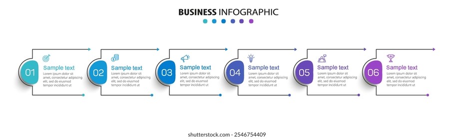 Business vector infographic design template with icons and 6 options or steps. Can be used for process diagram, presentations, workflow layout, banner, flow chart, info graph