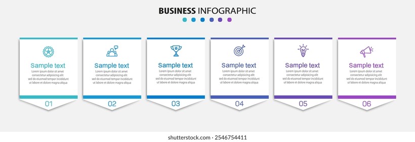 Business vector infographic design template with icons and 6 options or steps. Can be used for process diagram, presentations, workflow layout, banner, flow chart, info graph