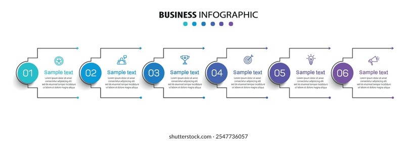 Business vector infographic design template with icons and 6 options or steps. Can be used for process diagram, presentations, workflow layout, banner, flow chart, info graph