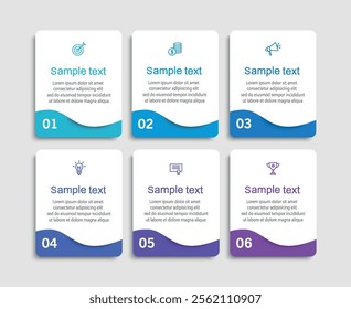	
Business vector infographic design template with icons and 6 options or steps. Can be used for process diagram, presentations, workflow layout, banner, flow chart, info graph