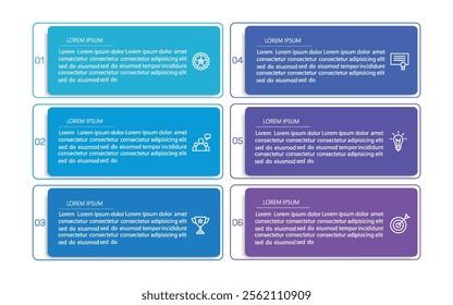 	
Business vector infographic design template with icons and 6 options or steps. Can be used for process diagram, presentations, workflow layout, banner, flow chart, info graph