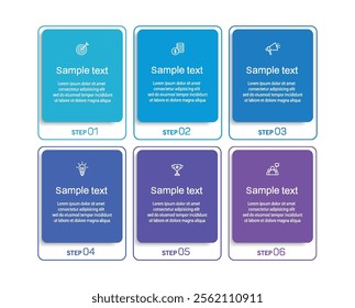 	
Business vector infographic design template with icons and 6 options or steps. Can be used for process diagram, presentations, workflow layout, banner, flow chart, info graph