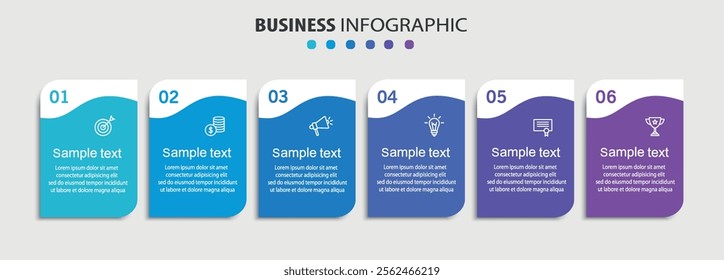 Business vector infographic design template with icons and 6 options or steps. Can be used for process diagram, presentations, workflow layout, banner, flow chart, info graph