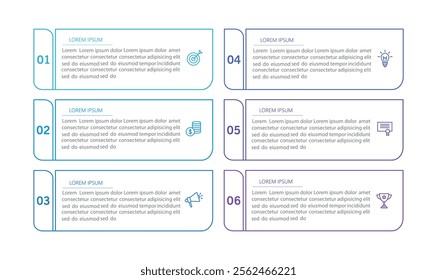Business vector infographic design template with icons and 6 options or steps. Can be used for process diagram, presentations, workflow layout, banner, flow chart, info graph