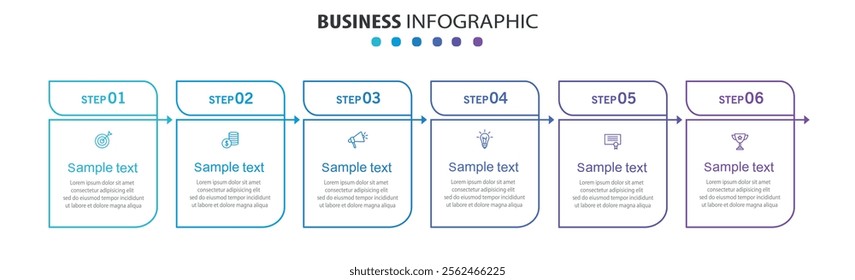 Business vector infographic design template with icons and 6 options or steps. Can be used for process diagram, presentations, workflow layout, banner, flow chart, info graph