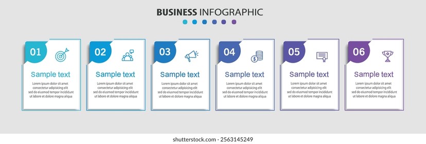 Business vector infographic design template with icons and 6 options or steps. Can be used for process diagram, presentations, workflow layout, banner, flow chart, info graph