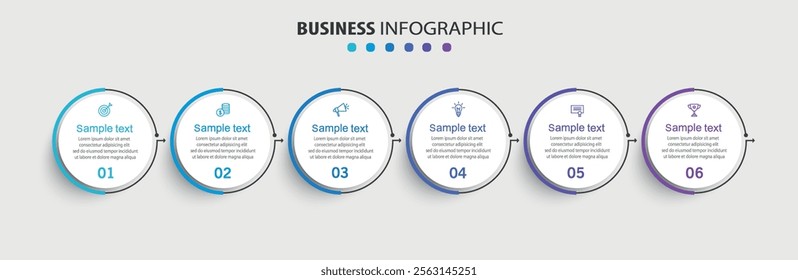 Business vector infographic design template with icons and 6 options or steps. Can be used for process diagram, presentations, workflow layout, banner, flow chart, info graph