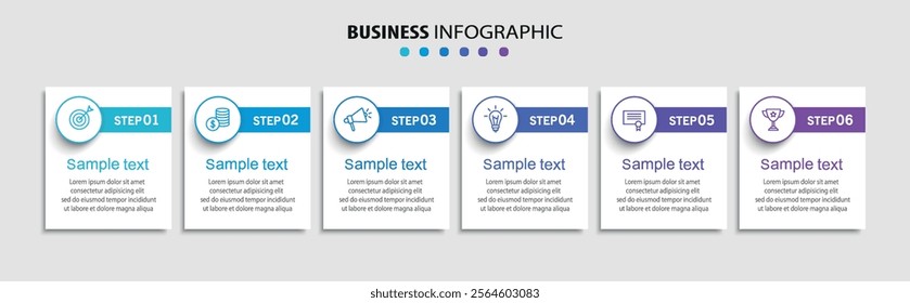 Business vector infographic design template with icons and 6 options or steps. Can be used for process diagram, presentations, workflow layout, flow chart, info graph