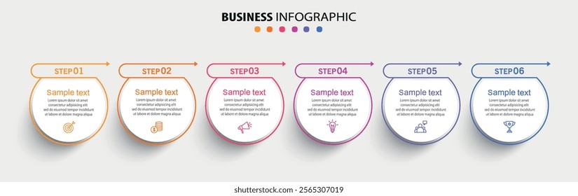 Business vector infographic design template with icons and 6 options or steps. Can be used for process diagram, presentations, workflow layout, flow chart, info graph