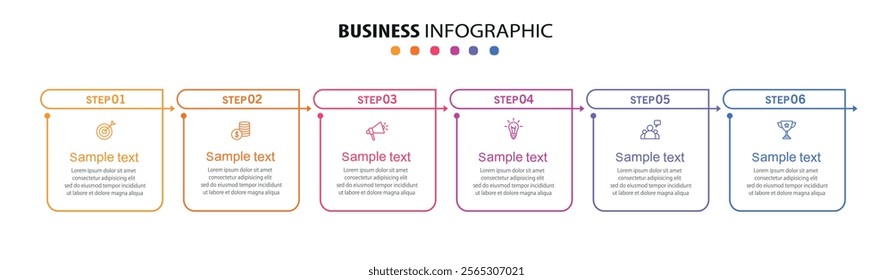 Business vector infographic design template with icons and 6 options or steps. Can be used for process diagram, presentations, workflow layout, flow chart, info graph