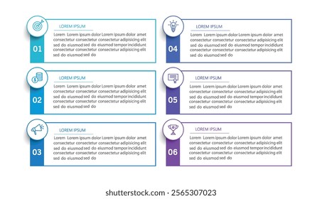 Business vector infographic design template with icons and 6 options or steps. Can be used for process diagram, presentations, workflow layout, flow chart, info graph