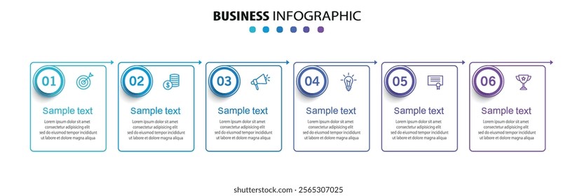 Business vector infographic design template with icons and 6 options or steps. Can be used for process diagram, presentations, workflow layout, flow chart, info graph