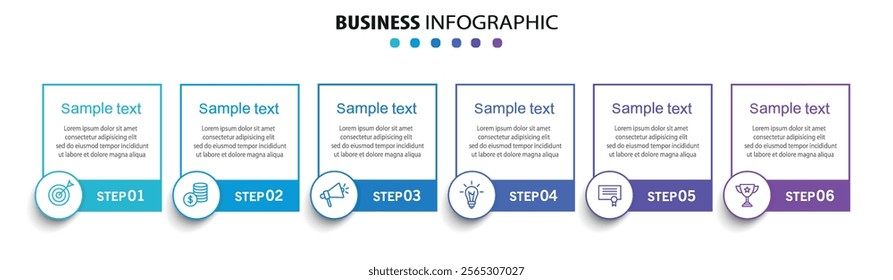 Business vector infographic design template with icons and 6 options or steps. Can be used for process diagram, presentations, workflow layout, flow chart, info graph