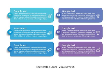 Business vector infographic design template with icons and 6 options or steps. Can be used for process diagram, presentations, workflow layout, banner, flow chart, info graph