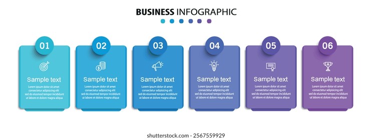 Business vector infographic design template with icons and 6 options or steps. Can be used for process diagram, presentations, workflow layout, banner, flow chart, info graph