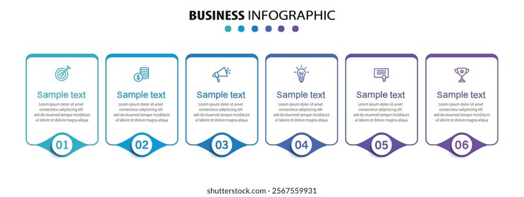 Business vector infographic design template with icons and 6 options or steps. Can be used for process diagram, presentations, workflow layout, banner, flow chart, info graph