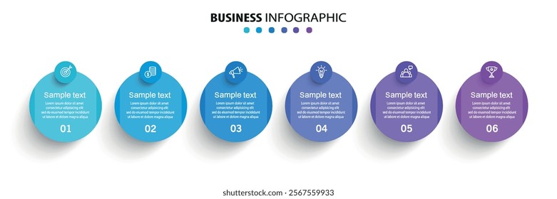 Business vector infographic design template with icons and 6 options or steps. Can be used for process diagram, presentations, workflow layout, banner, flow chart, info graph