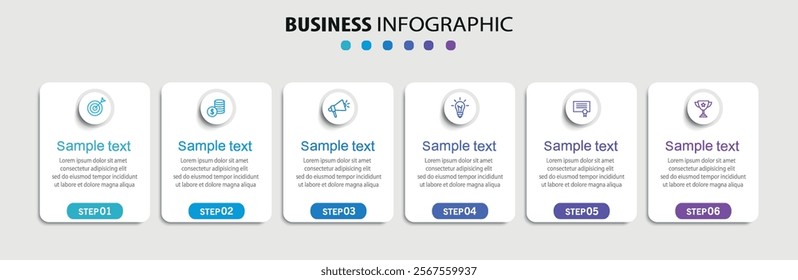 Business vector infographic design template with icons and 6 options or steps. Can be used for process diagram, presentations, workflow layout, banner, flow chart, info graph