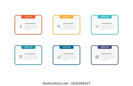 Modelo de design de infográfico de vetor de negócios com ícones e 6 opções ou etapas. Pode ser usado para diagrama de processo, apresentações, layout de fluxo de trabalho, banner, fluxograma, gráfico de informações