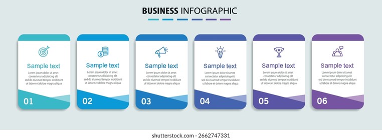 Business vector infographic design template with icons and 6 options or steps. Can be used for process diagram, presentations, workflow layout, banner, flow chart, info graph