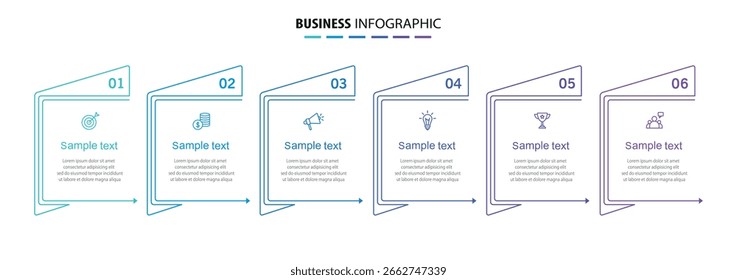 Modelo de design de infográfico de vetor de negócios com ícones e 6 opções ou etapas. Pode ser usado para diagrama de processo, apresentações, layout de fluxo de trabalho, banner, fluxograma, gráfico de informações