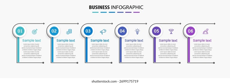 Modelo de design de infográfico de vetor de negócios com ícones e 6 opções ou etapas. Pode ser usado para diagrama de processo, apresentações, layout de fluxo de trabalho, fluxograma