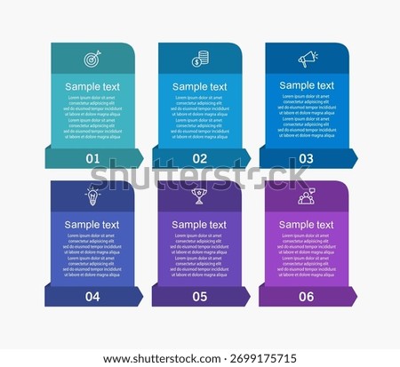 Business vector infographic design template with icons and 6 options or steps. Can be used for process diagram, presentations, workflow layout, flow chart