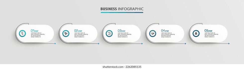 Plantilla infográfica de vector de negocio con 5 opciones o pasos. Se puede utilizar para diseño de flujo de trabajo, diagrama, informe anual, diseño web