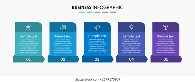 Modelo de infográfico de vetor de negócios com 5 opções ou etapas. Pode ser usado para layout de fluxo de trabalho, diagrama, relatório anual, design da Web