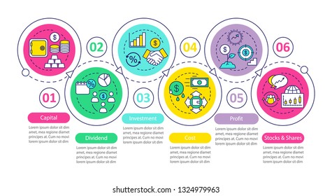 Business vector infographic template. Capital, dividend, investment, cost, profit, stocks and shares. Data visualization with six steps and options. Process timeline chart. Workflow layout with icons