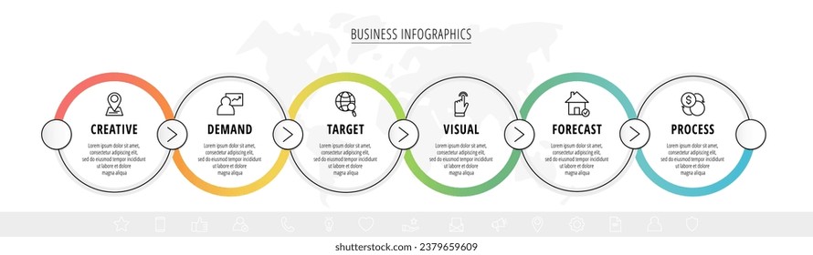 Business vector infographics with 6 line circles. Timeline visualization with six steps for diagram, flowchart, banner, presentations, web, content, levels, chart, graphic