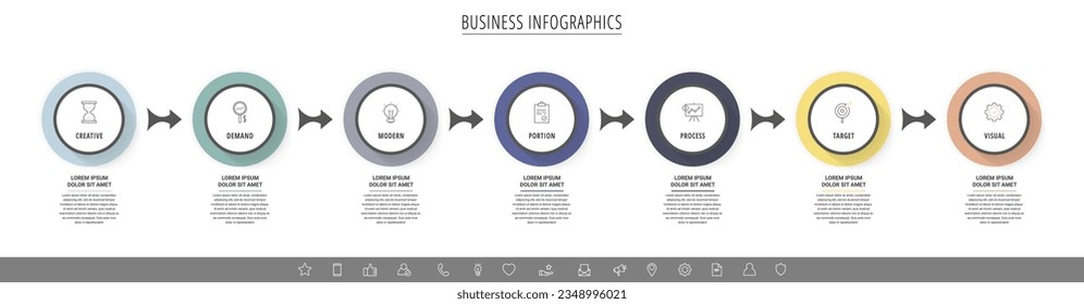 Business vector infographics with 7 circles and arrows. Timeline visualization with seven steps for diagram, flowchart, banner, presentations, web, content, levels, chart, graphic