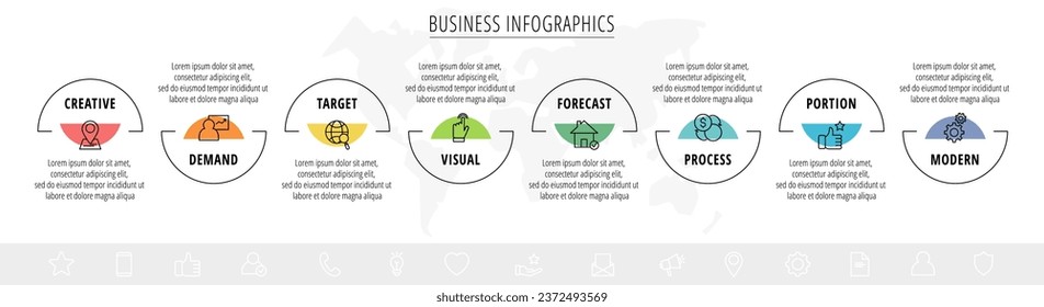 infografías de vectores de negocio con etiquetas de ocho líneas. Visualización de línea de tiempo con 8 pasos para diagrama, diagrama de flujo, banner, presentaciones, web, contenido, niveles, gráfico, gráfico