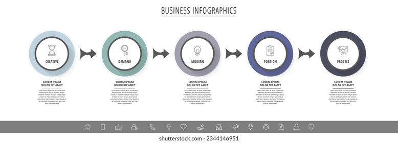 Business vector infographics with five circles and arrows. Timeline visualization with 5 steps for diagram, flowchart, banner, presentations, web, content, levels, chart, graphic